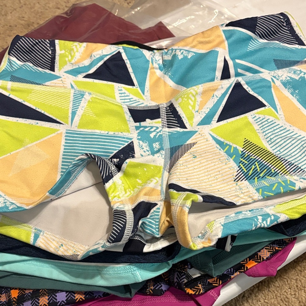 Fleo Women's Athletic Shorts - Teal, Lime, Navy & Cream Geometric Print